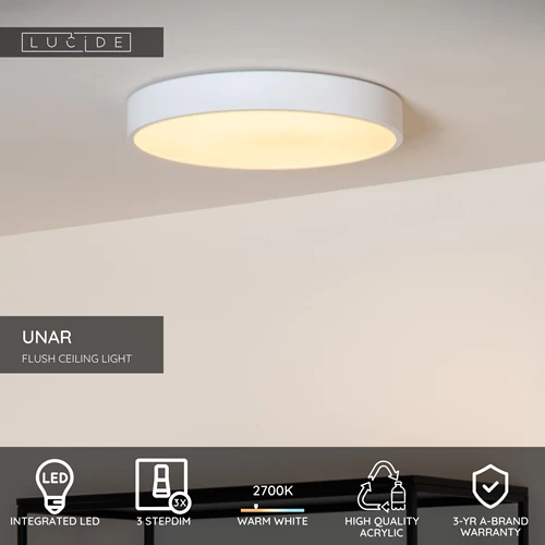 Lucide UNAR - Flush ceiling light - Ø 30 cm- LED 3 StepDim - 1x18W 2700K - White - USP